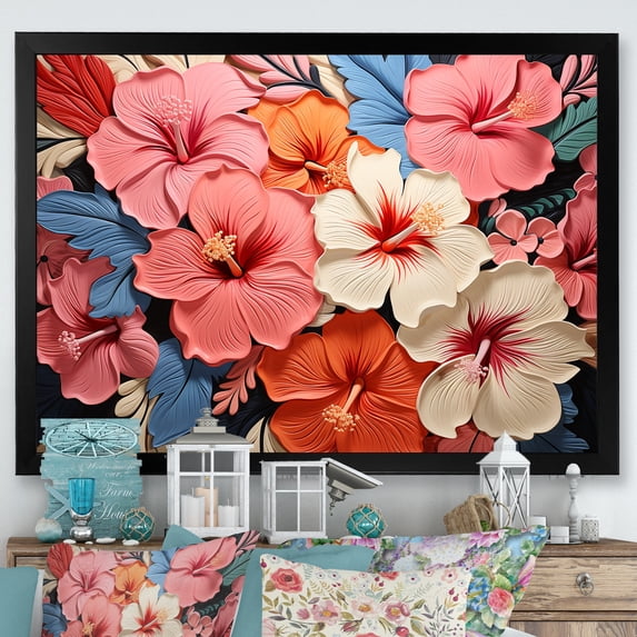 Designart "Floral Harmony Colorful Hibiscus II" Floral Framed Wall Art Decor - Traditional Pink Hibiscus Entryway Framed Wall Art