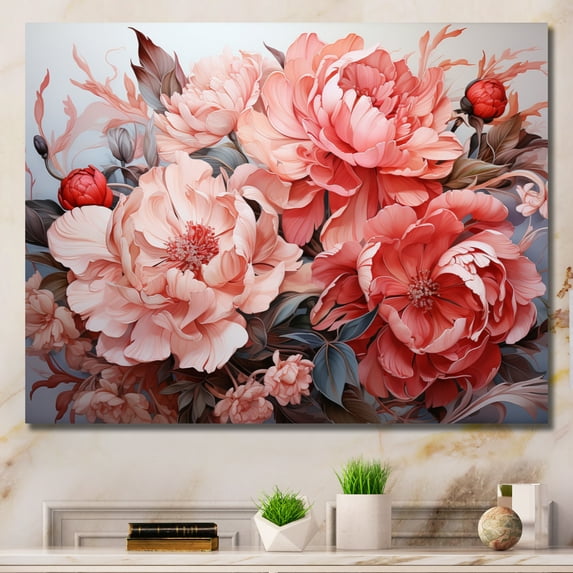 Designart "Floral Harmony Pink Red Line Art I" Modern Wall Art Print