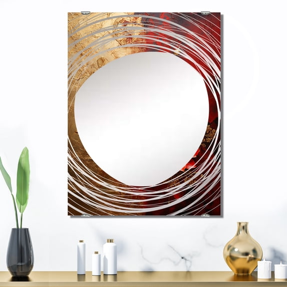 Designart "Floral Japanese Tiles in Gold and Red II" Abstract Botanicals Oversized Wall Mirror - Modern Abstract Bathroom Decorative Wall Mirror - Multiple Color Options