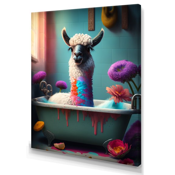 Designart Floral Llama Taking A Bath Canvas Wall Art