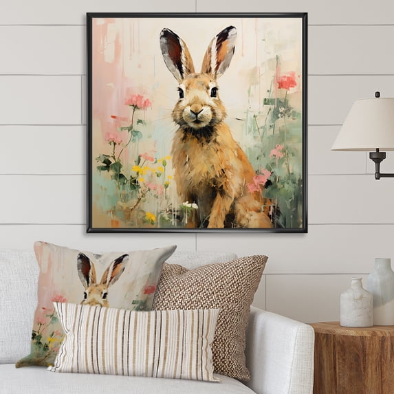 Designart "Floral Meadow Rabbit Curiosity III" Animals Framed Wall Art - Traditional Green Rabbit Hallway Framed Wall Art Decor