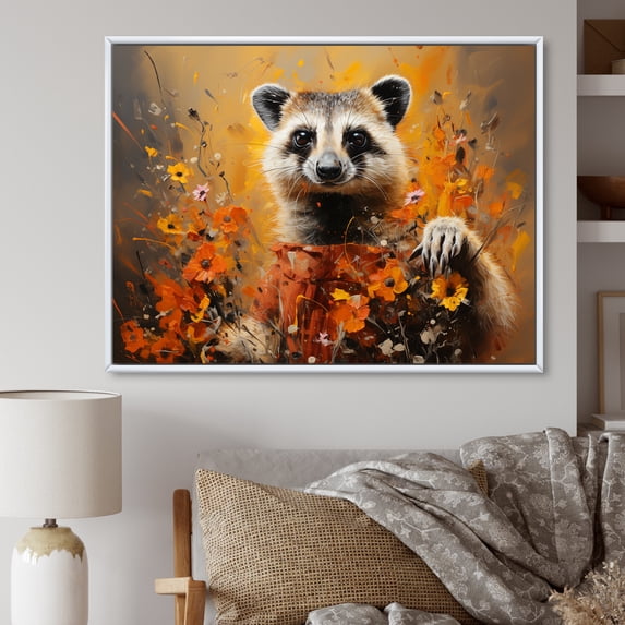Designart "Floral Meadow with Brown Meerkat I" Animals Framed Wall Art - Modern Brown Meercat Hallway Framed Wall Art Decor