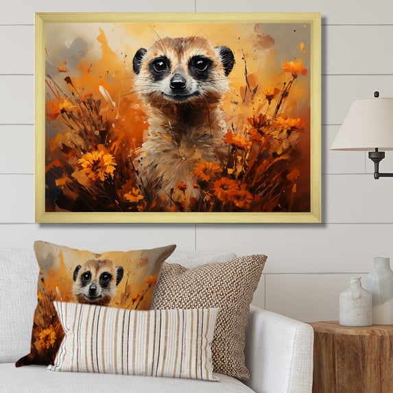 Designart "Floral Meadow with Brown Meerkat III" Animals Framed Wall Art Decor - Modern Brown Meercat Hallway Framed Wall Art Decor