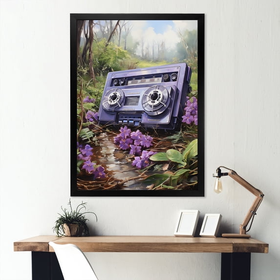 Designart "Floral Melody with Cassette Tape II" Fashion Framed Wall Art - Modern Purple Cassette Tapes Entryway Framed Wall Art Print