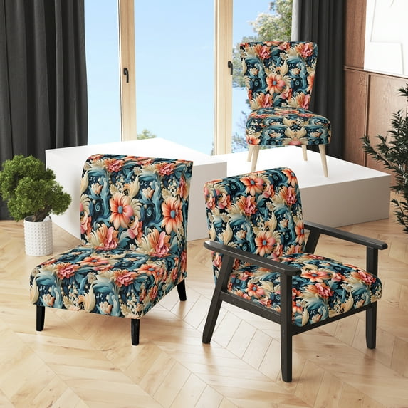 Designart "Floral Paisley Delight I" Blue Paisley Upholstered Accent Chair - Glam Arm Chair For Living Room