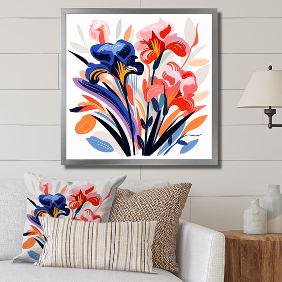 Designart "Floral Pattern in the Style of Henri Matisse III" Floral Framed Wall Art Decor - Traditional Blue Assorted Bouquets Hallway Framed Wall Art Decor