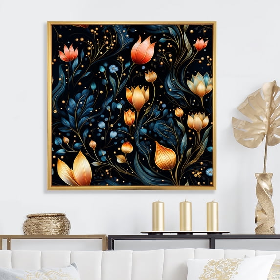Designart "Floral Pattern with Crystal Blooms I" Flowers Framed Wall Art - Pink Floral Entryway Framed Wall Art Print