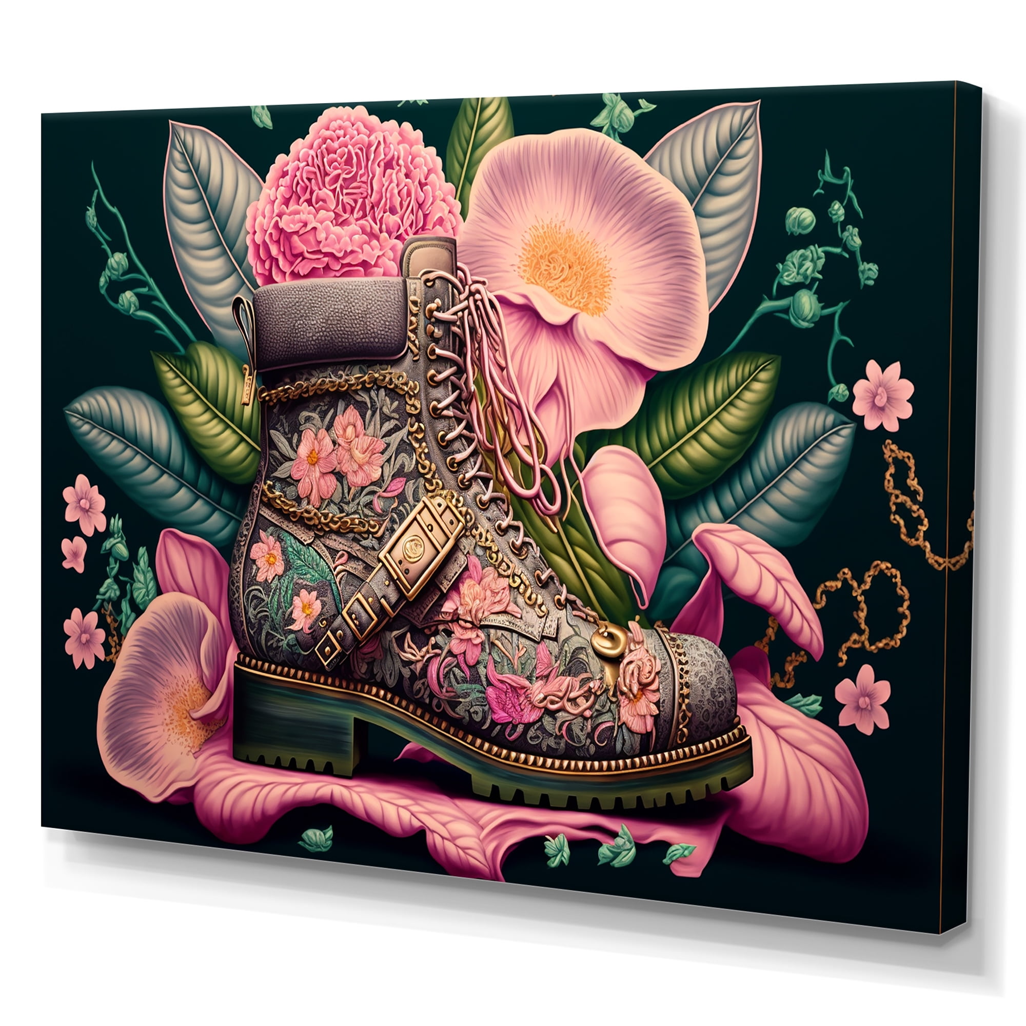 Designart Floral Pink Army Boots Art Canvas Wall Art