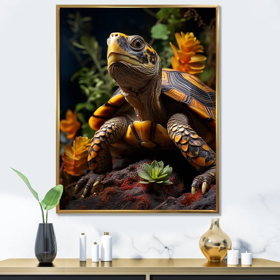 Designart "Floral Portrait Turtle I" Animals Floater Framed Canvas Print
