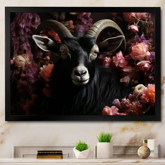Designart "Floral Portrait of Goat in Black and Pink" Animals Framed Wall Art Decor - Modern Farmhouse Black Goat Hallway Framed Wall Art Decor