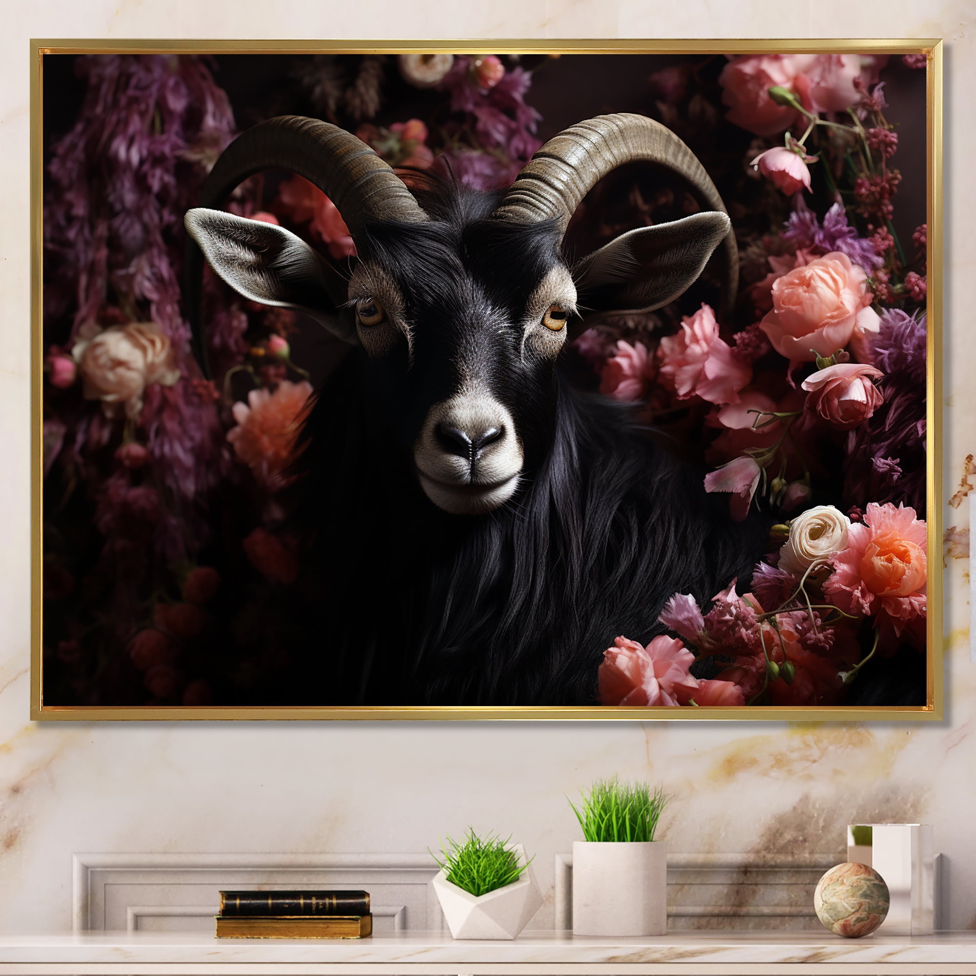 Designart "Floral Portrait of Goat in Black and Pink" Animals Framed