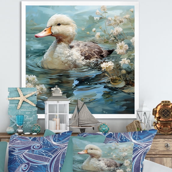 Designart "Floral Reflections at the Emerald Duck Pond II" Animals Framed Wall Art Decor - Modern Green Duck Entryway Framed Wall Art Print