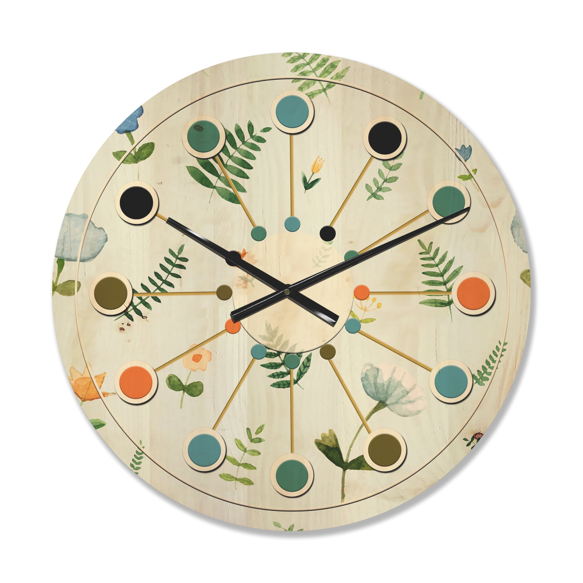 Designart 'Floral Retro Pattern IX' Mid-Century Modern Wood Wall Clock