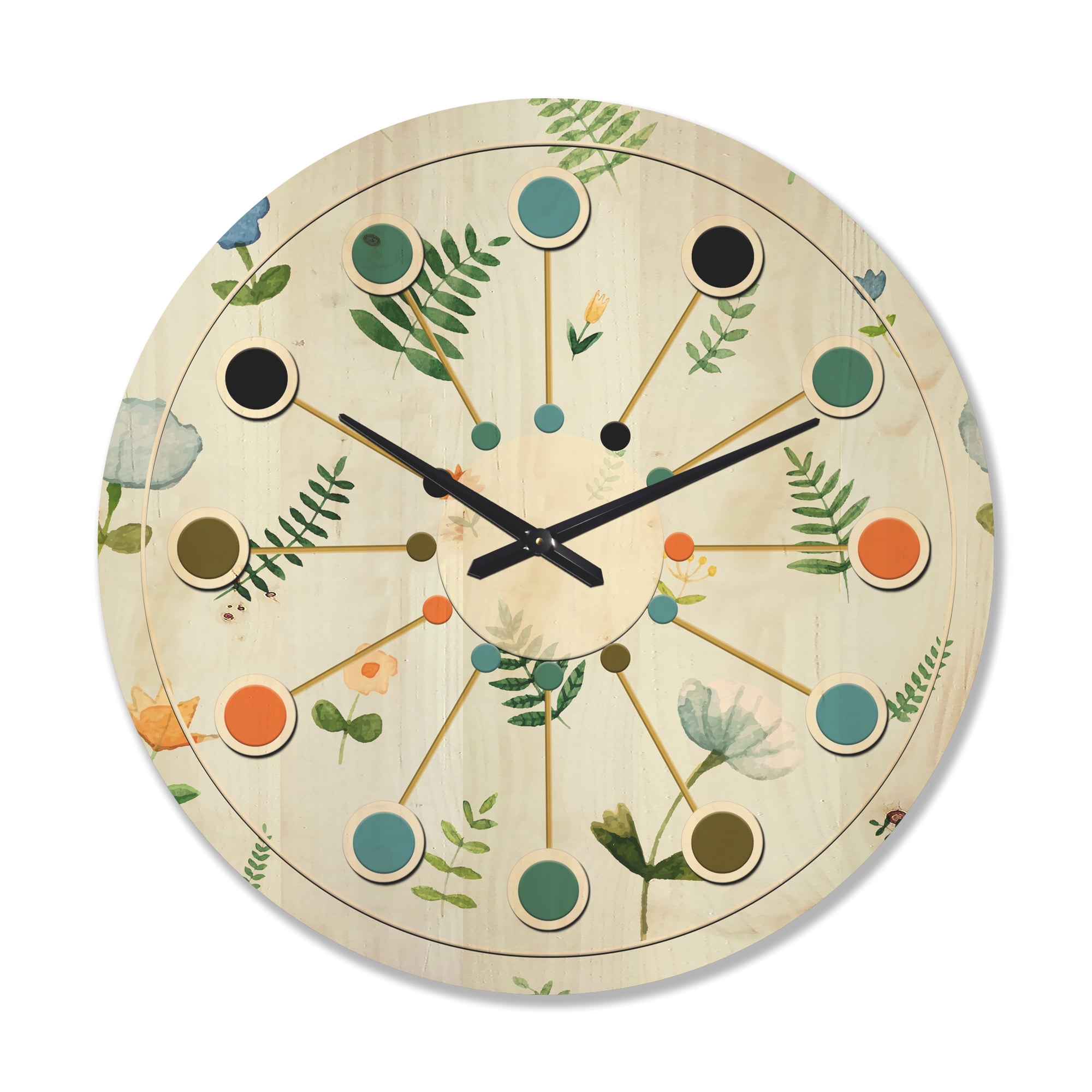 Designart 'Floral Retro Pattern IX' Mid-Century Modern Wood Wall Clock