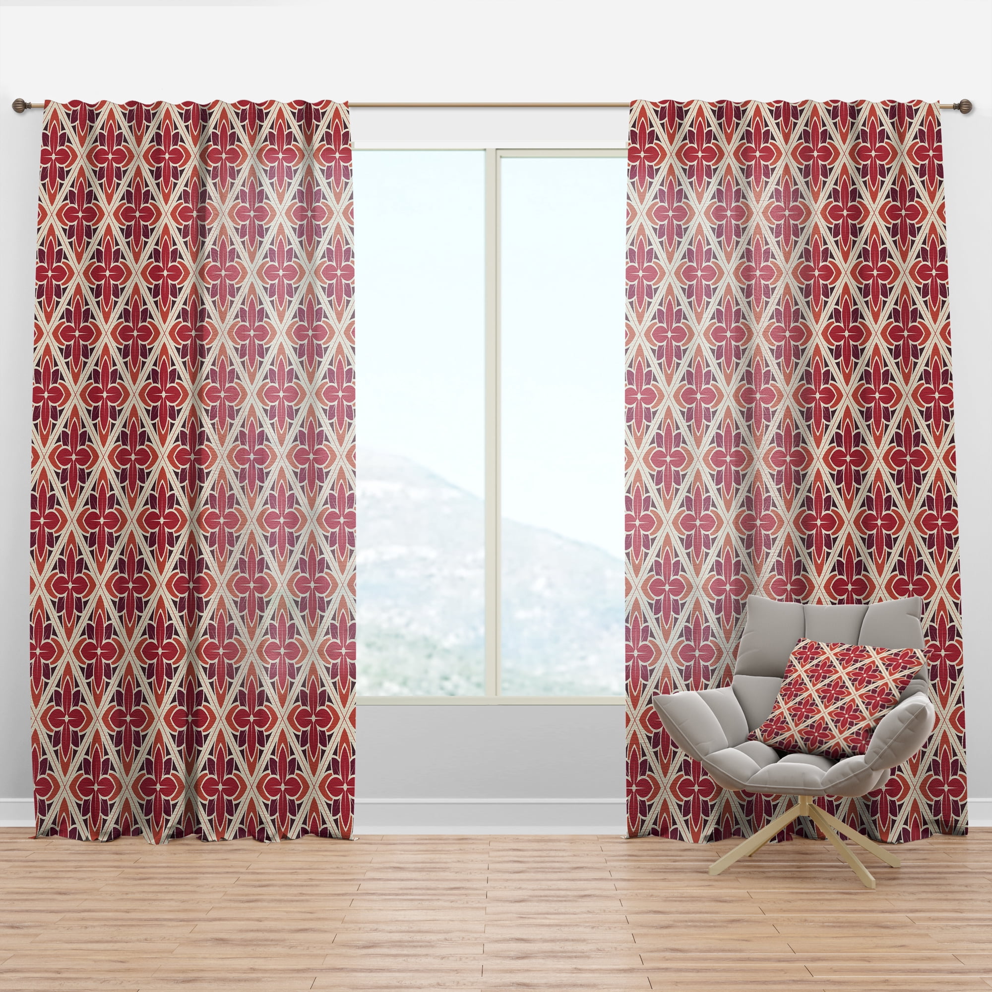 Designart 'Floral Retro Pattern VI' Mid-Century Modern Red Sheer Curtain Panel