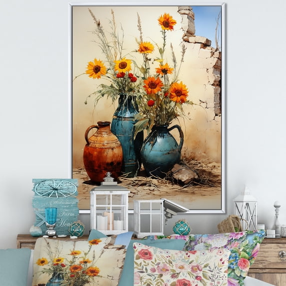 Designart "Floral Rustic Pottery Charm II" Geometric Framed Wall Art - Bohemian Blue Boho Pottery Entryway Framed Wall Art Print