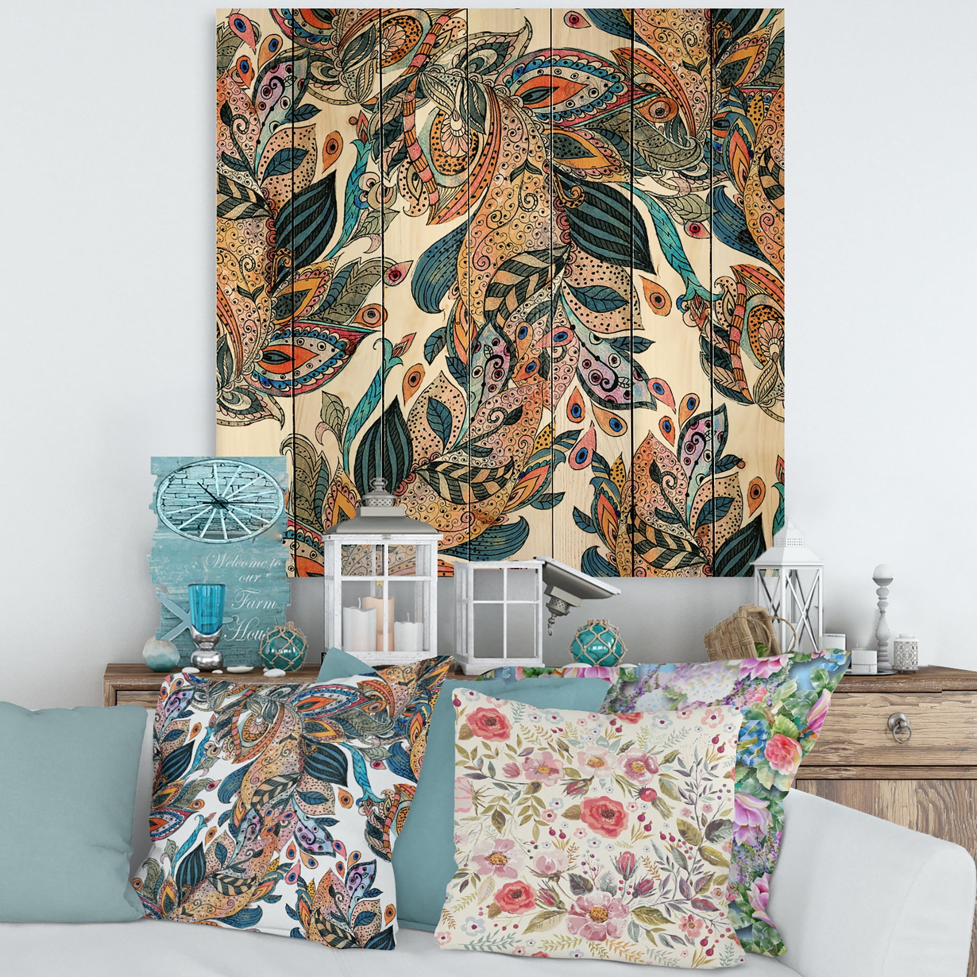 Designart 'Floral Seamless Abstract Texture Pattern' Traditional Print on Natural Pine Wood