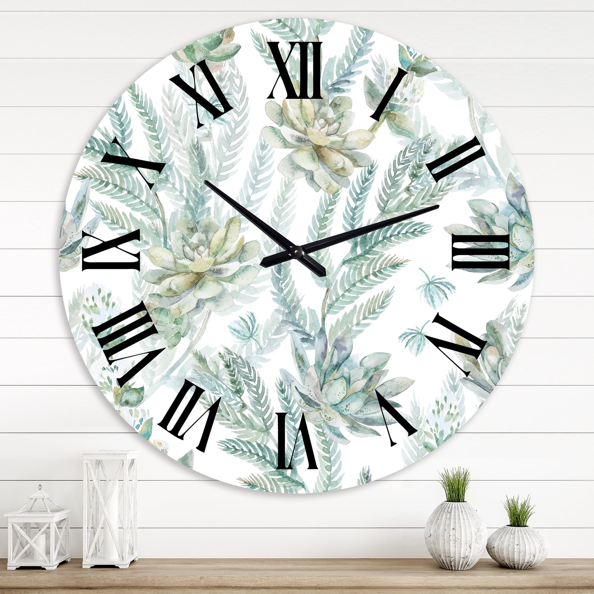 Designart 'Floral Seamless Pattern Succulents Ferns Thorns' Farmhouse Wall Clock