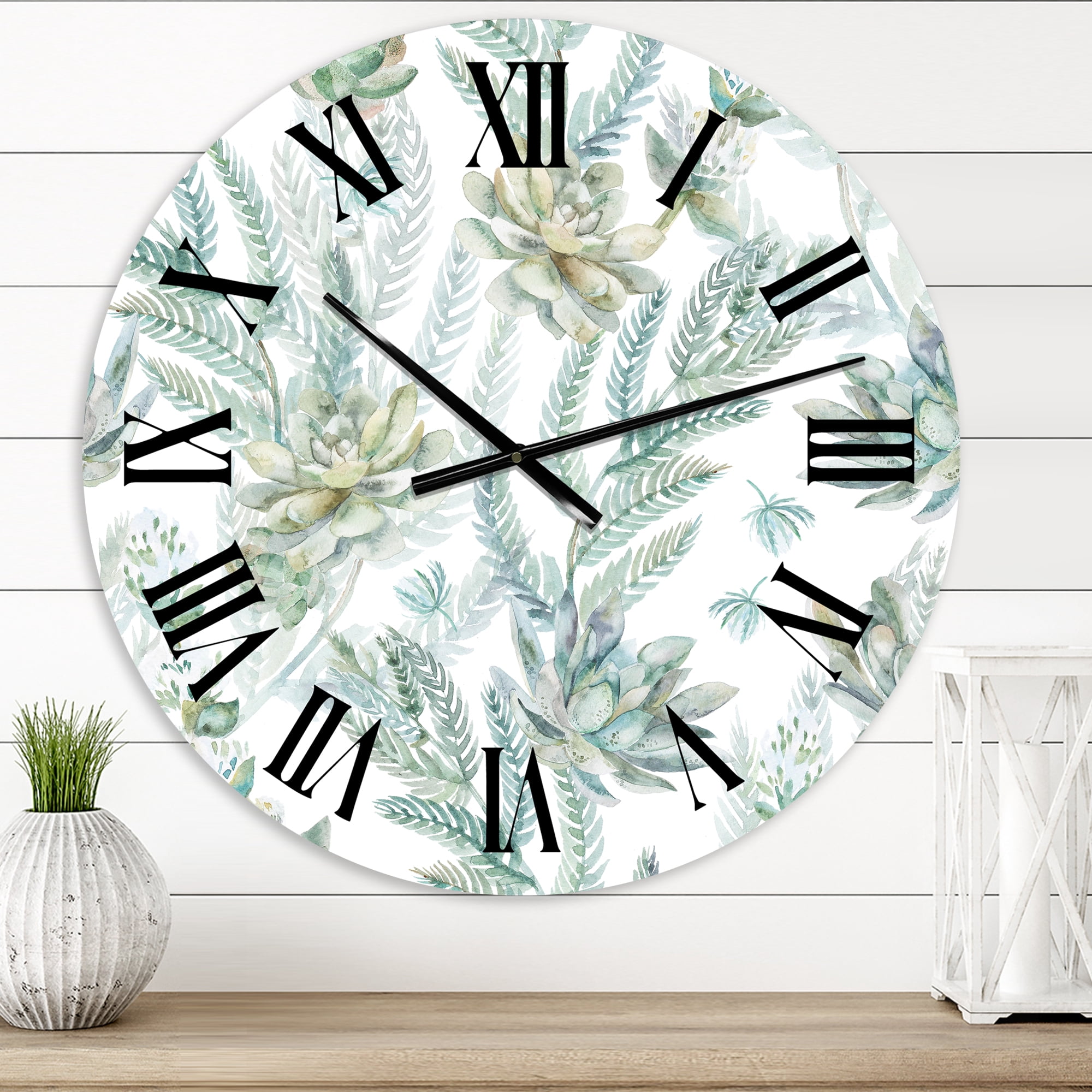 Designart 'Floral Seamless Pattern Succulents Ferns Thorns' Farmhouse Wall Clock