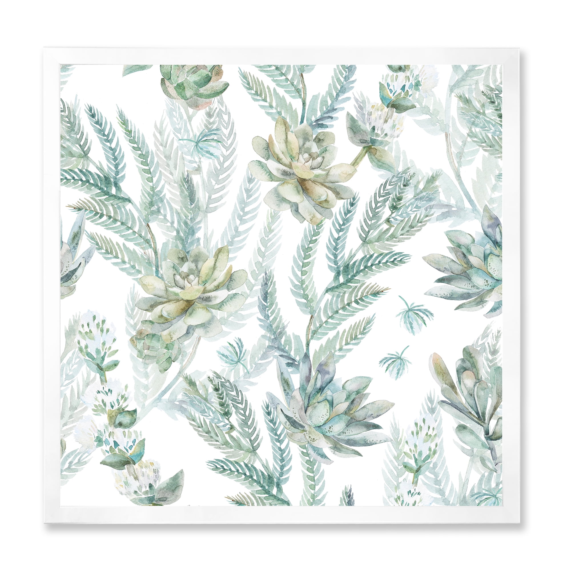 Designart 'Floral Seamless Pattern Succulents and Ferns Thorns' Farmhouse Framed Art Print