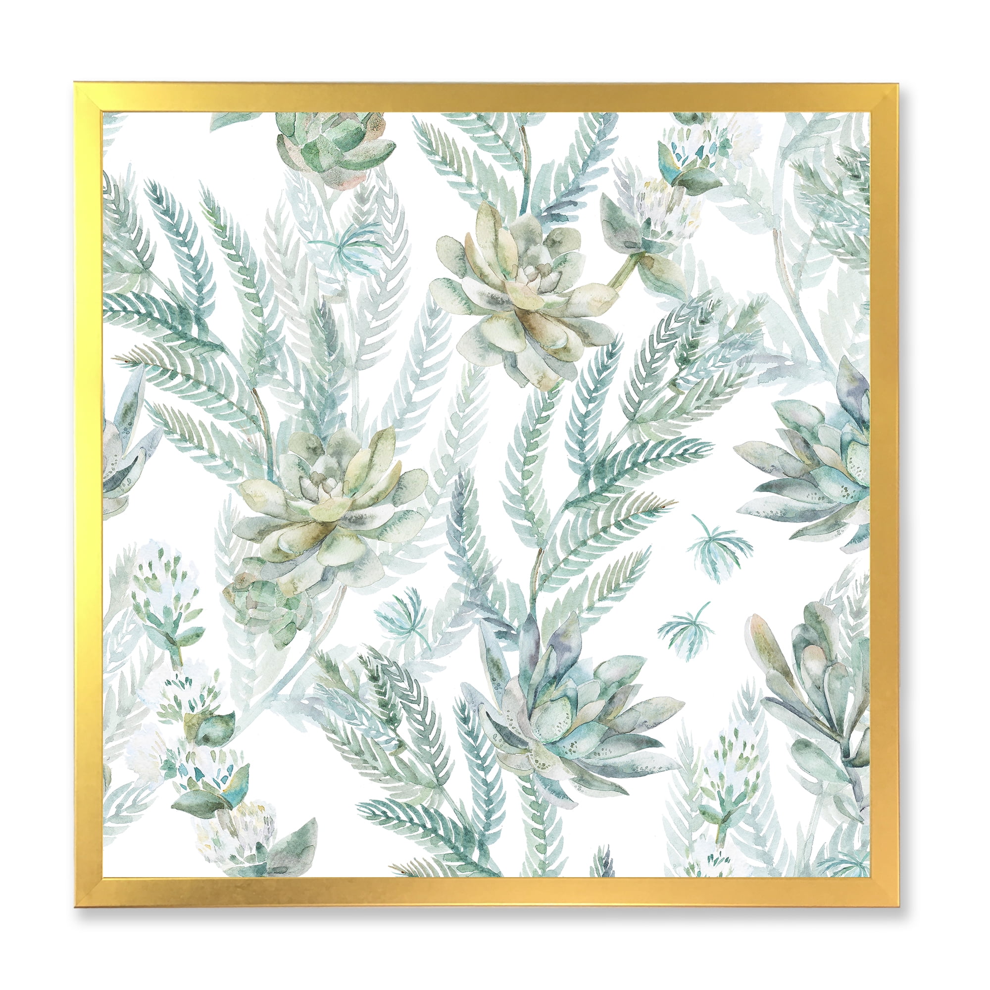 Designart 'Floral Seamless Pattern Succulents and Ferns Thorns' Farmhouse Framed Art Print