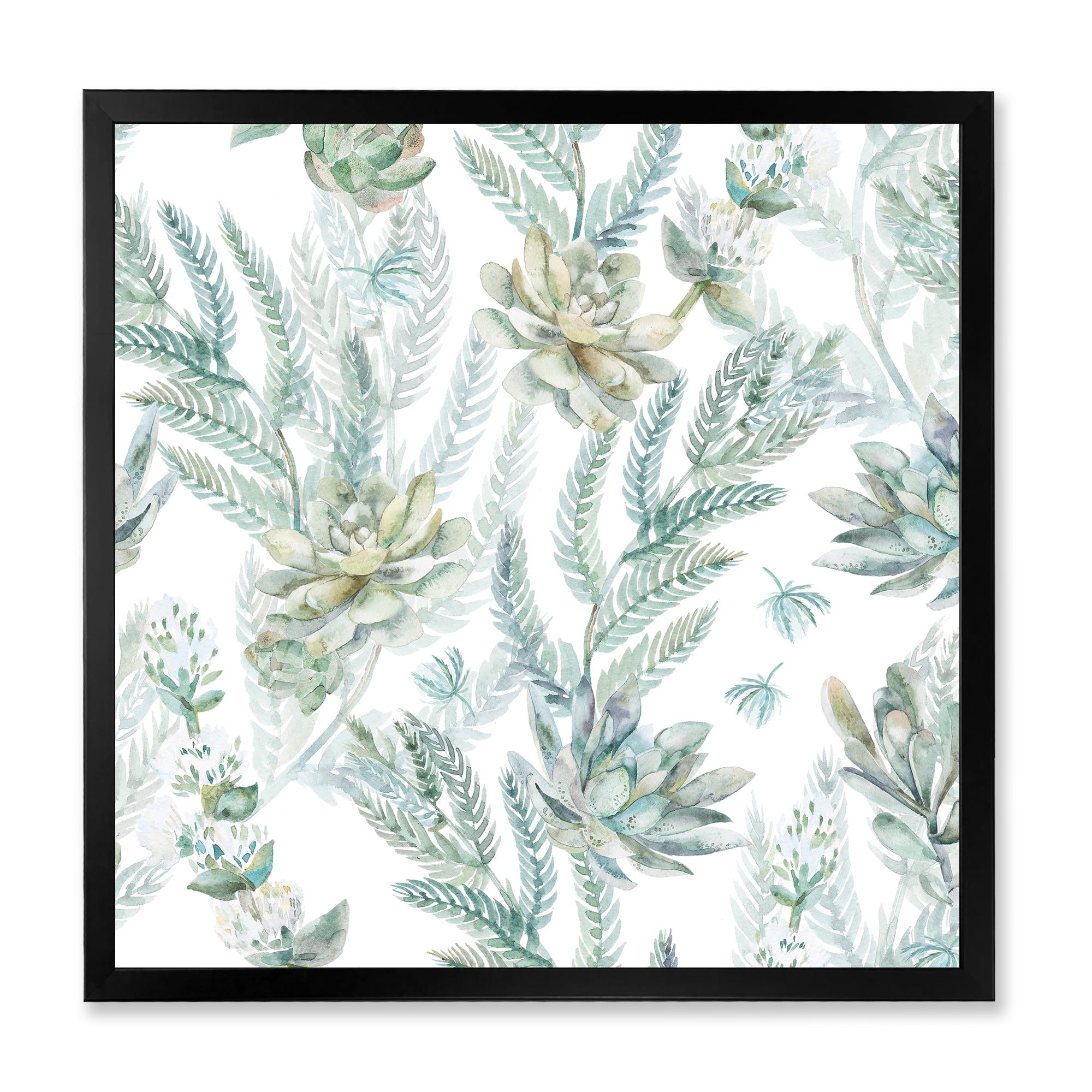 Designart 'Floral Seamless Pattern Succulents and Ferns Thorns' Farmhouse Framed Art Print