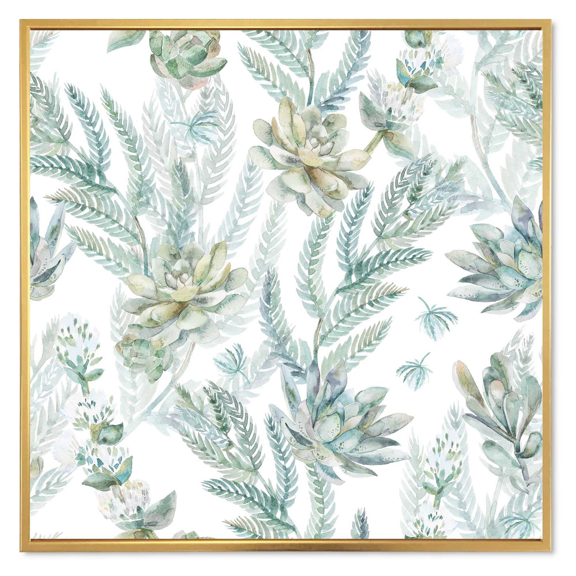 Designart 'Floral Seamless Pattern Succulents and Ferns Thorns' Farmhouse Framed Canvas Wall Art Print