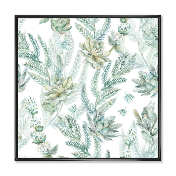 Designart 'Floral Seamless Pattern Succulents and Ferns Thorns' Farmhouse Framed Canvas Wall Art Print