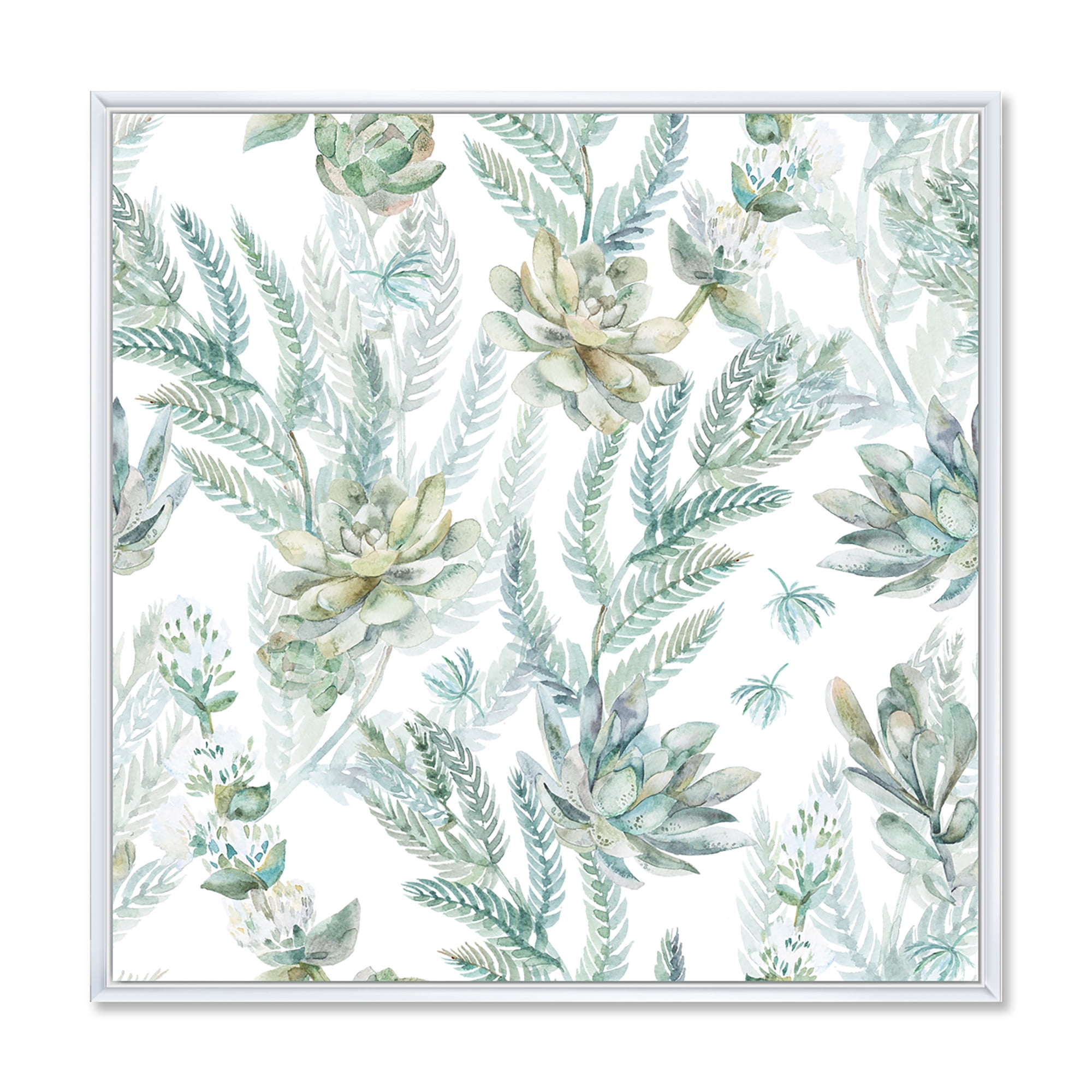 Designart 'Floral Seamless Pattern Succulents and Ferns Thorns' Farmhouse Framed Canvas Wall Art Print