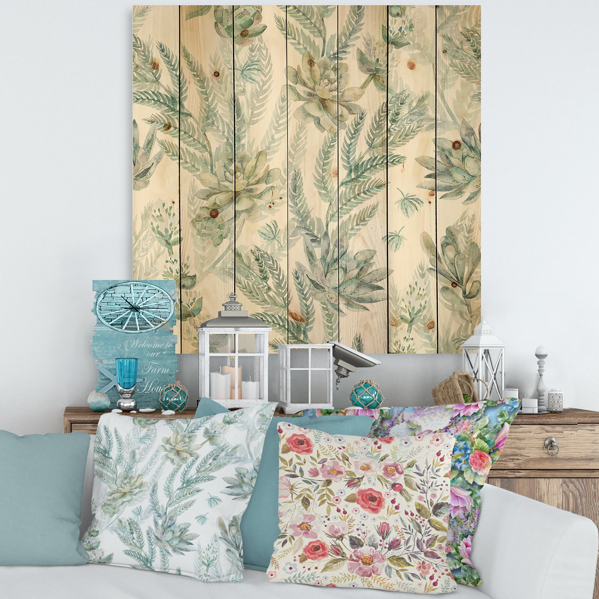 Designart 'Floral Seamless Pattern Succulents and Ferns Thorns' Farmhouse Print on Natural Pine Wood