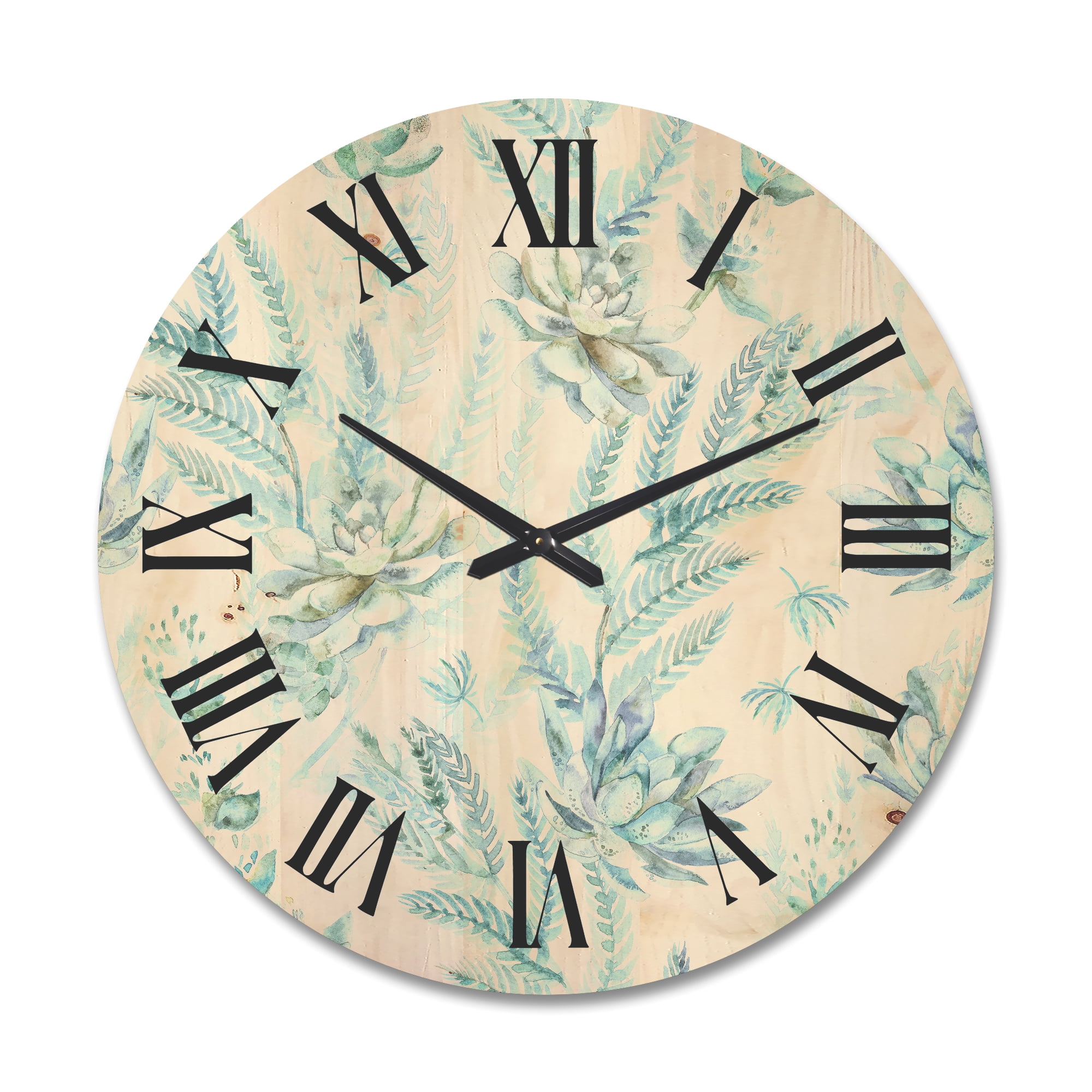 Designart 'Floral Seamless Pattern Succulents and Ferns Thorns' Farmhouse Wood Wall Clock