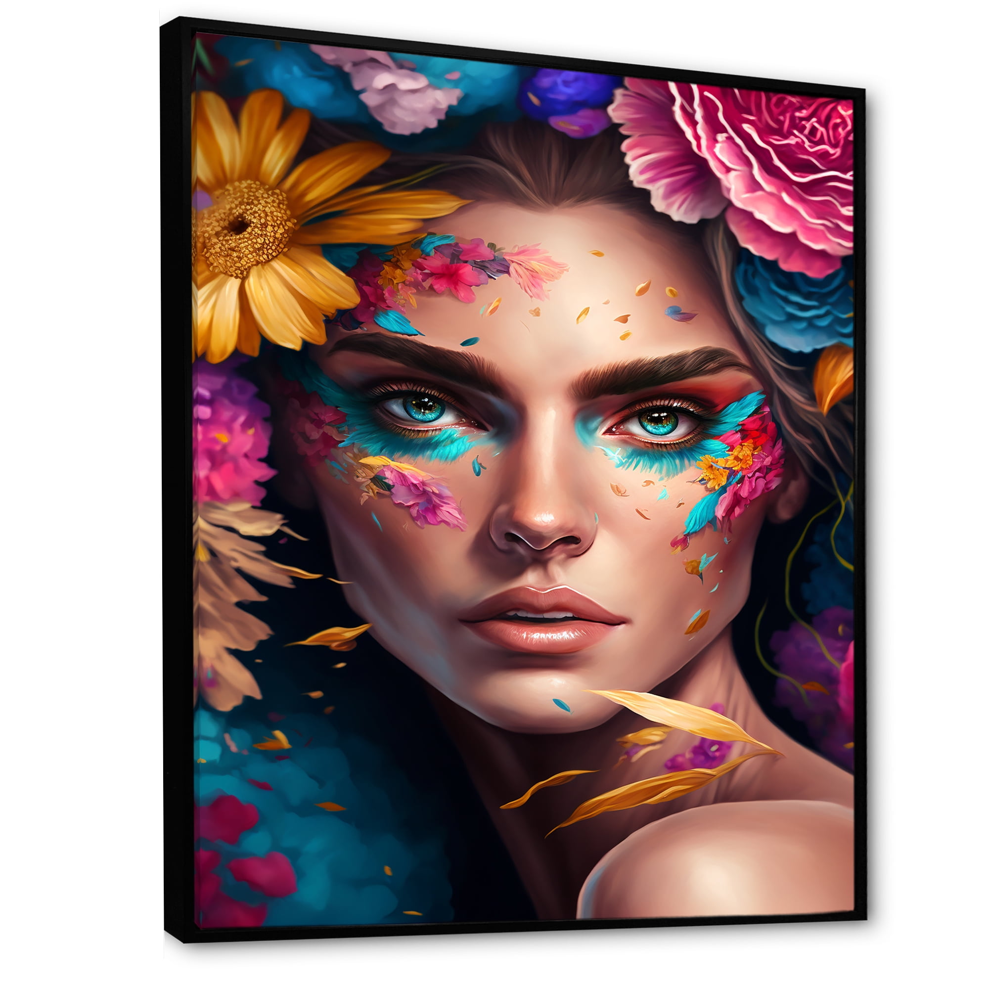 Designart Floral Sensual Woman Portrait III Floating Frame Wall Art