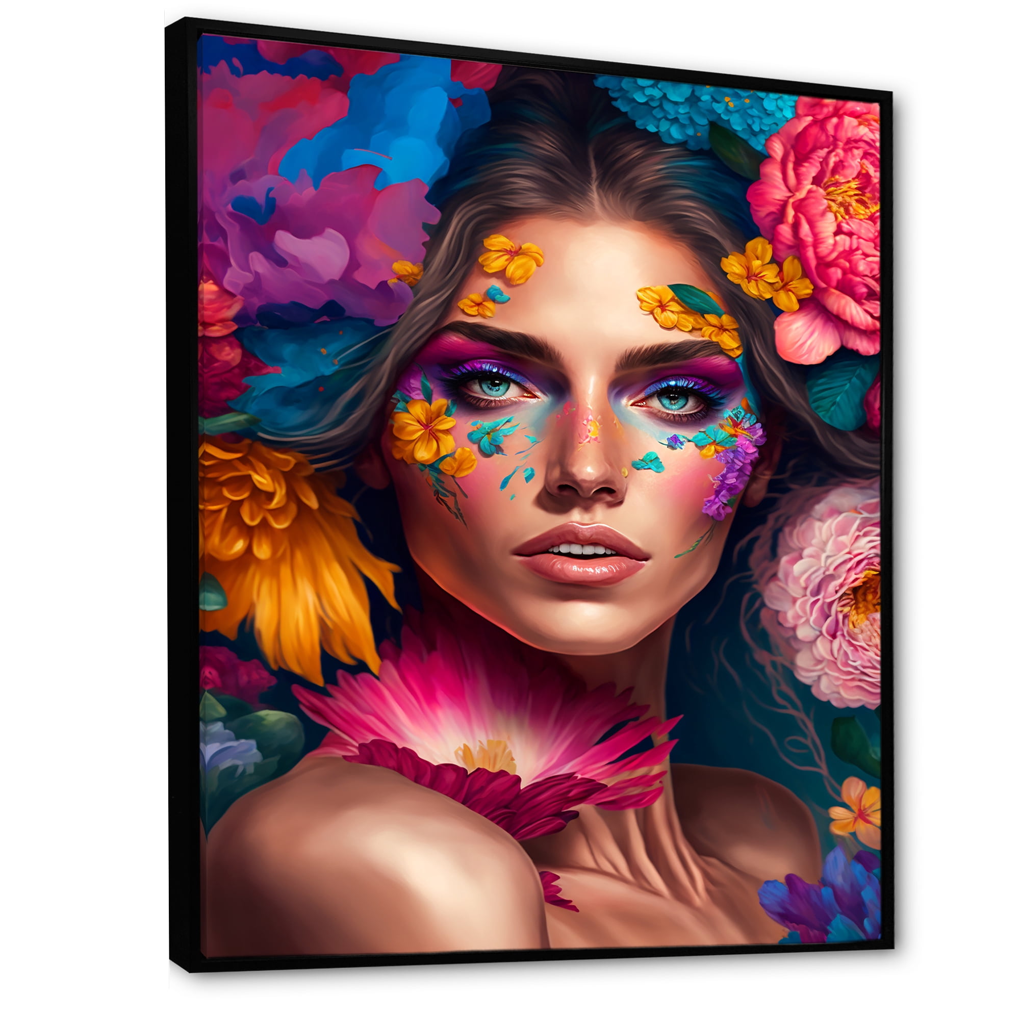 Designart Floral Sensual Woman Portrait IV Floating Frame Wall Art