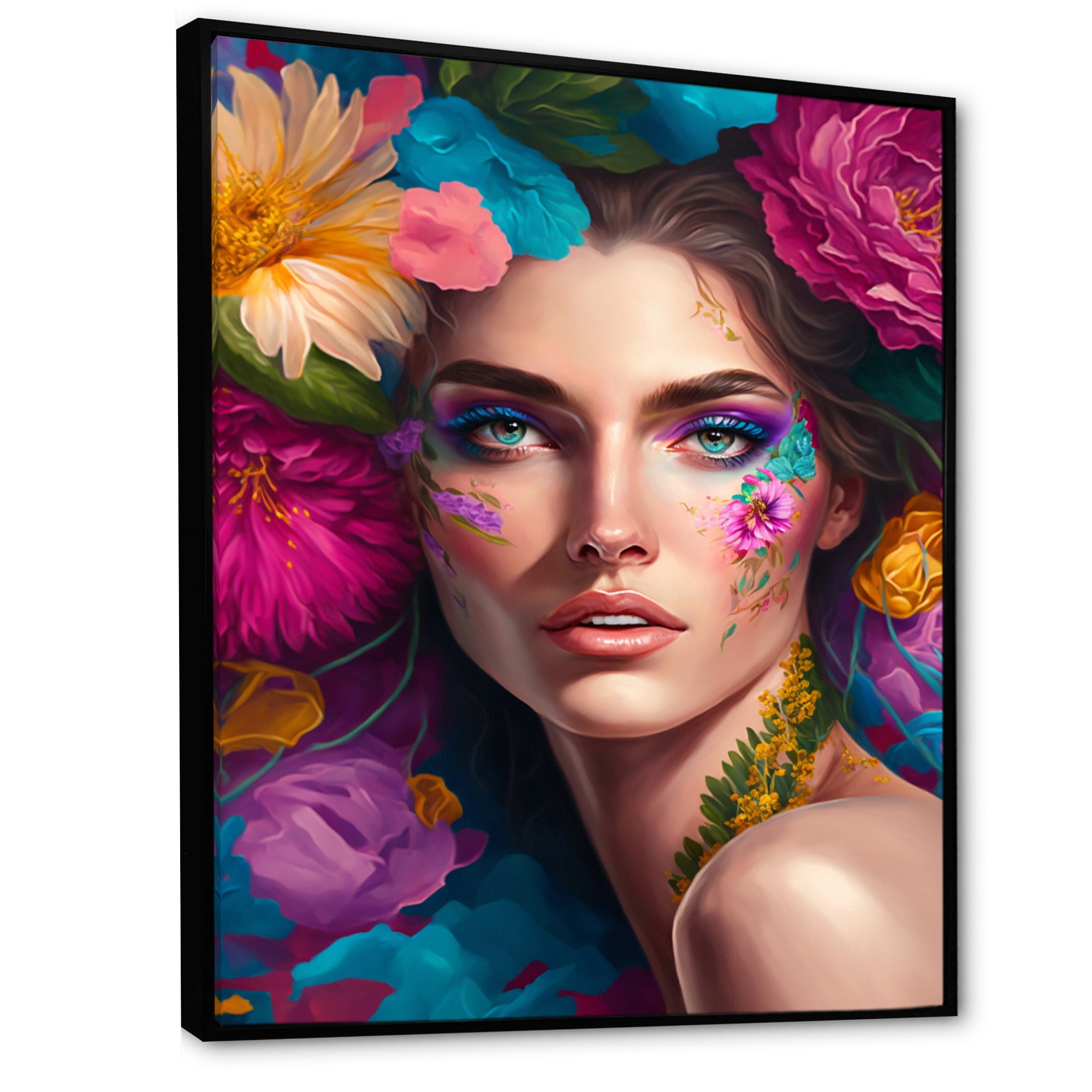 Designart Floral Sensual Woman Portrait V Floating Frame Wall Art