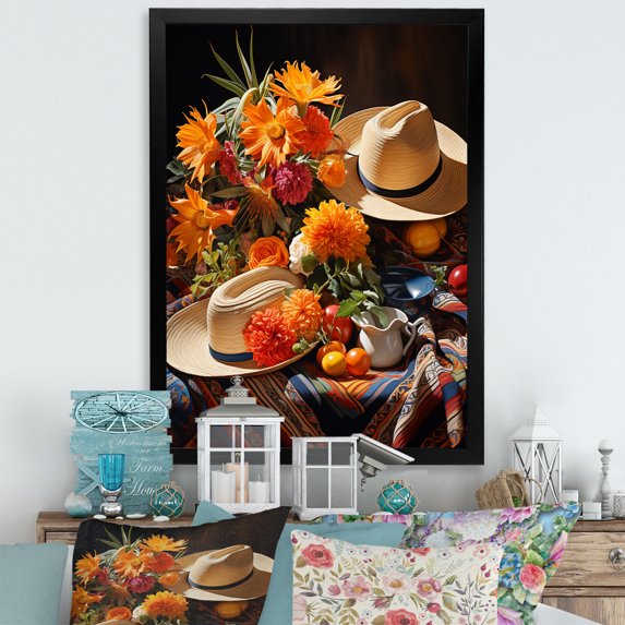 Designart "Floral Shades of Mexican Sombrero II" People Framed Wall Art - Global Orange Mexican Art Hallway Framed Wall Art Decor