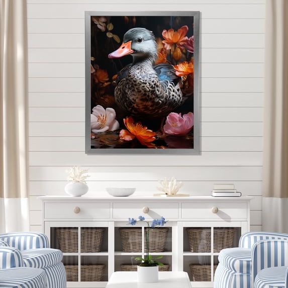 Designart "Floral Shadow Diver Duck" Animals Framed Wall Art - Traditional Black Duck Living Room Framed Canvas Art