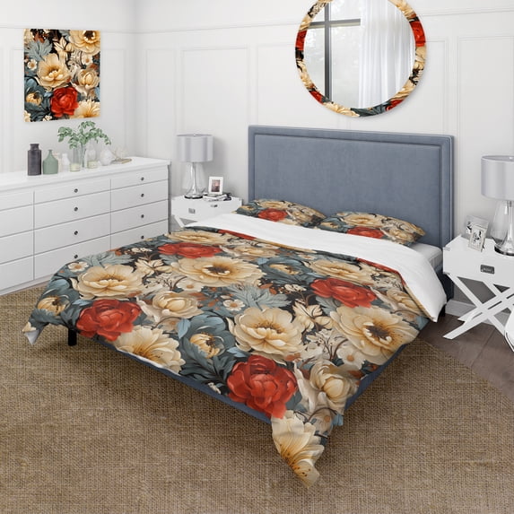 Designart "Floral Symphony Delicacy I" Red Floral Bedding Covert Set - Cottage Bed Set With 2 Shams
