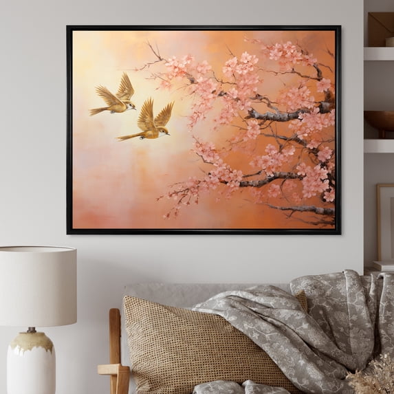 Designart "Floral Tree Golden and Pink Bird Scene III" Animals Framed Wall Art - Modern Farmhouse Gold Bird Living Room Framed Canvas Art