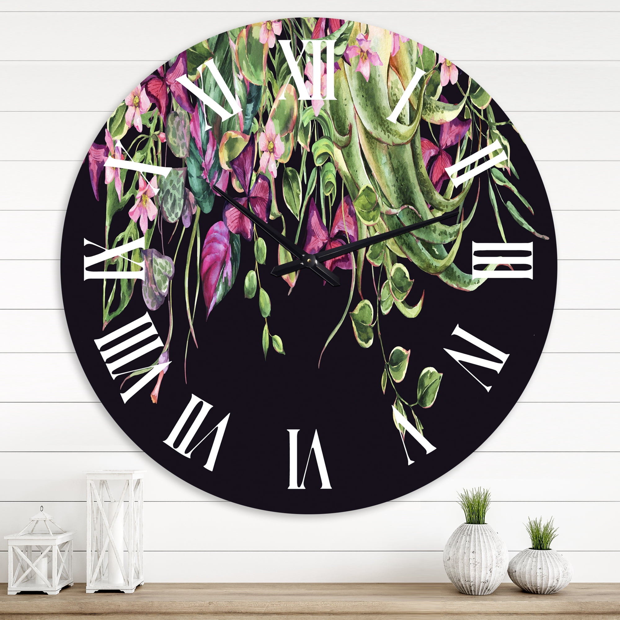 Designart 'Floral Tropical Leaves Om Black' Farmhouse Wall Clock
