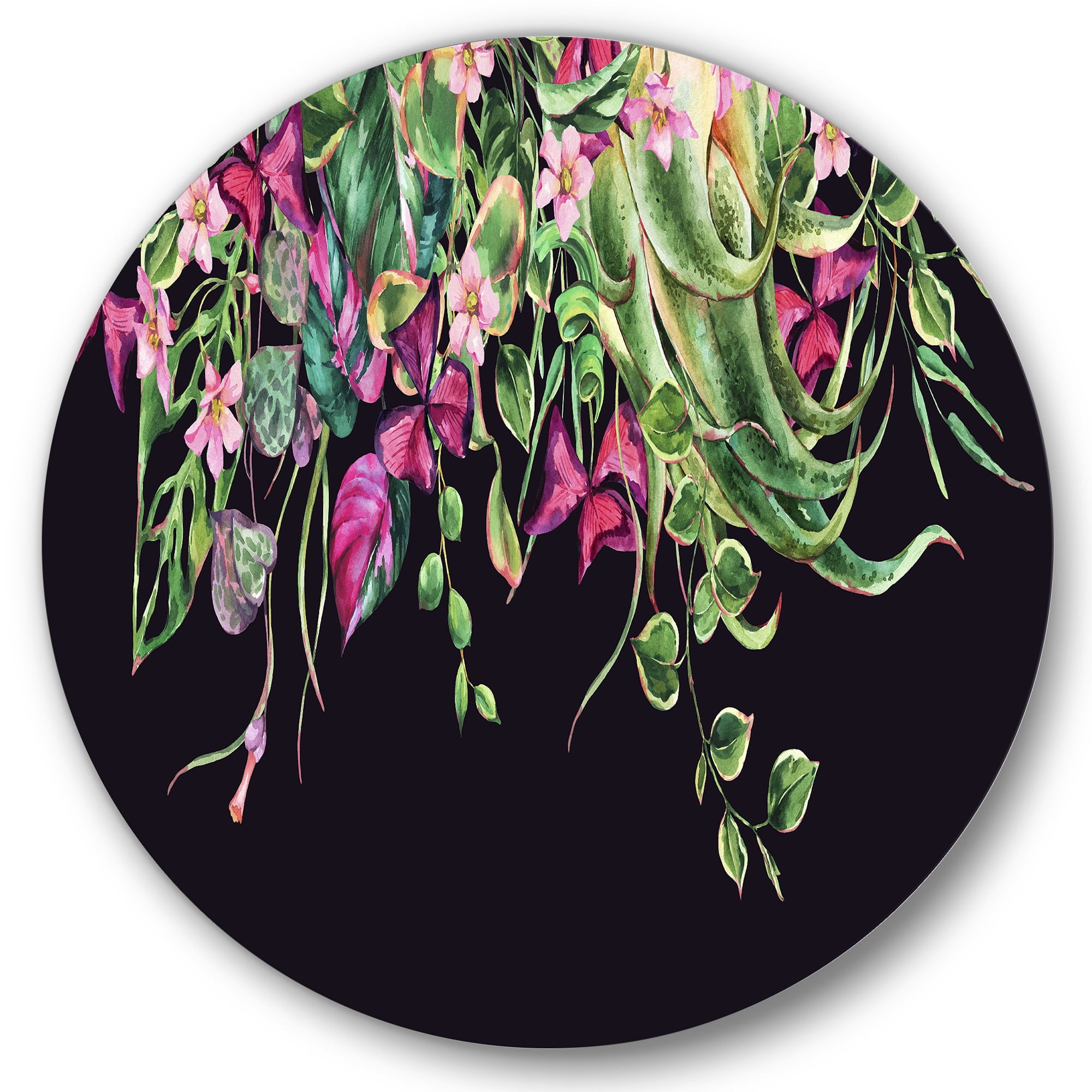 Designart 'Floral Tropical Leaves On Black Background' Farmhouse Circle Metal Wall Art 36x36 - Disc of 36
