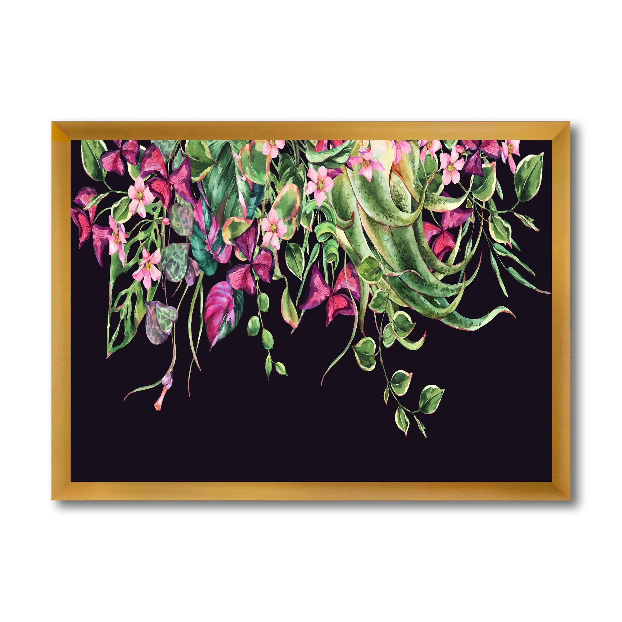 Designart 'Floral Tropical Leaves On Black Background' Farmhouse Framed Art Print