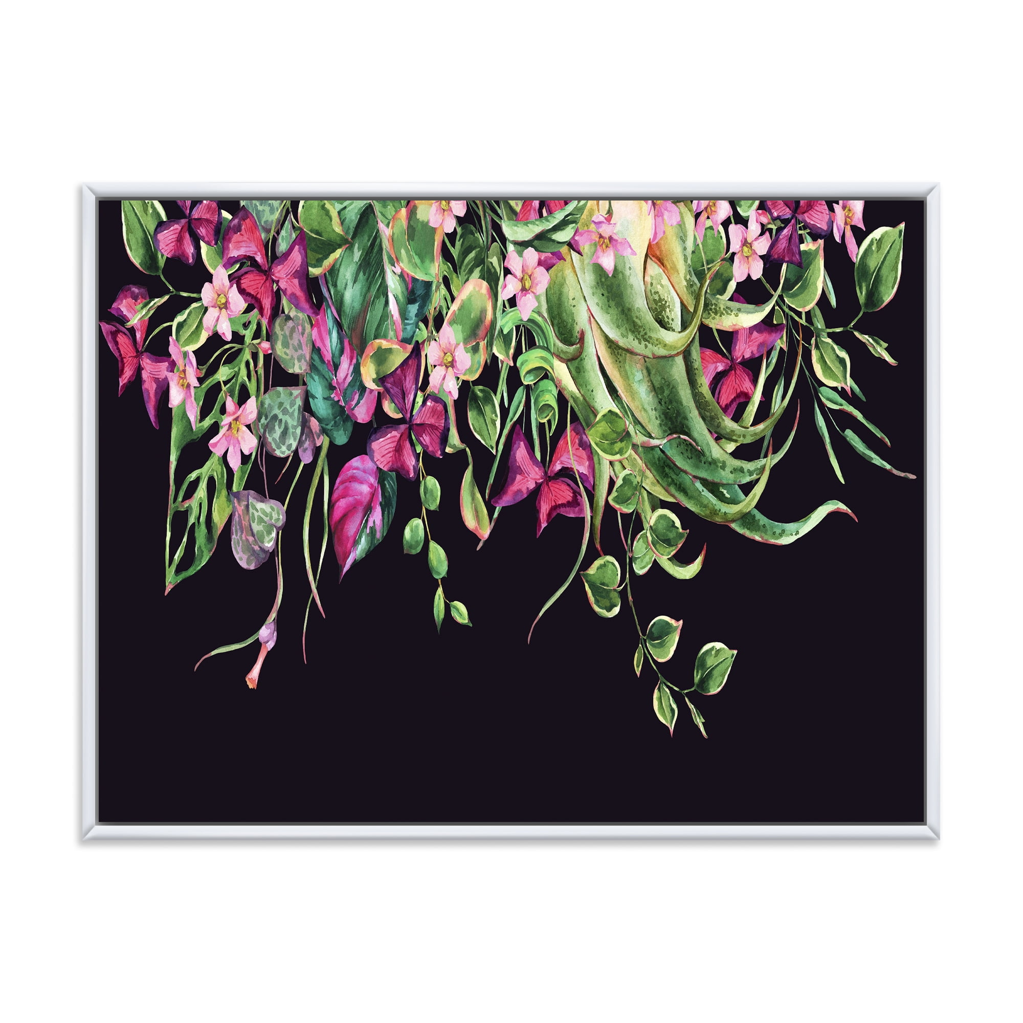 Designart 'Floral Tropical Leaves On Black Background' Farmhouse Framed Canvas Wall Art Print