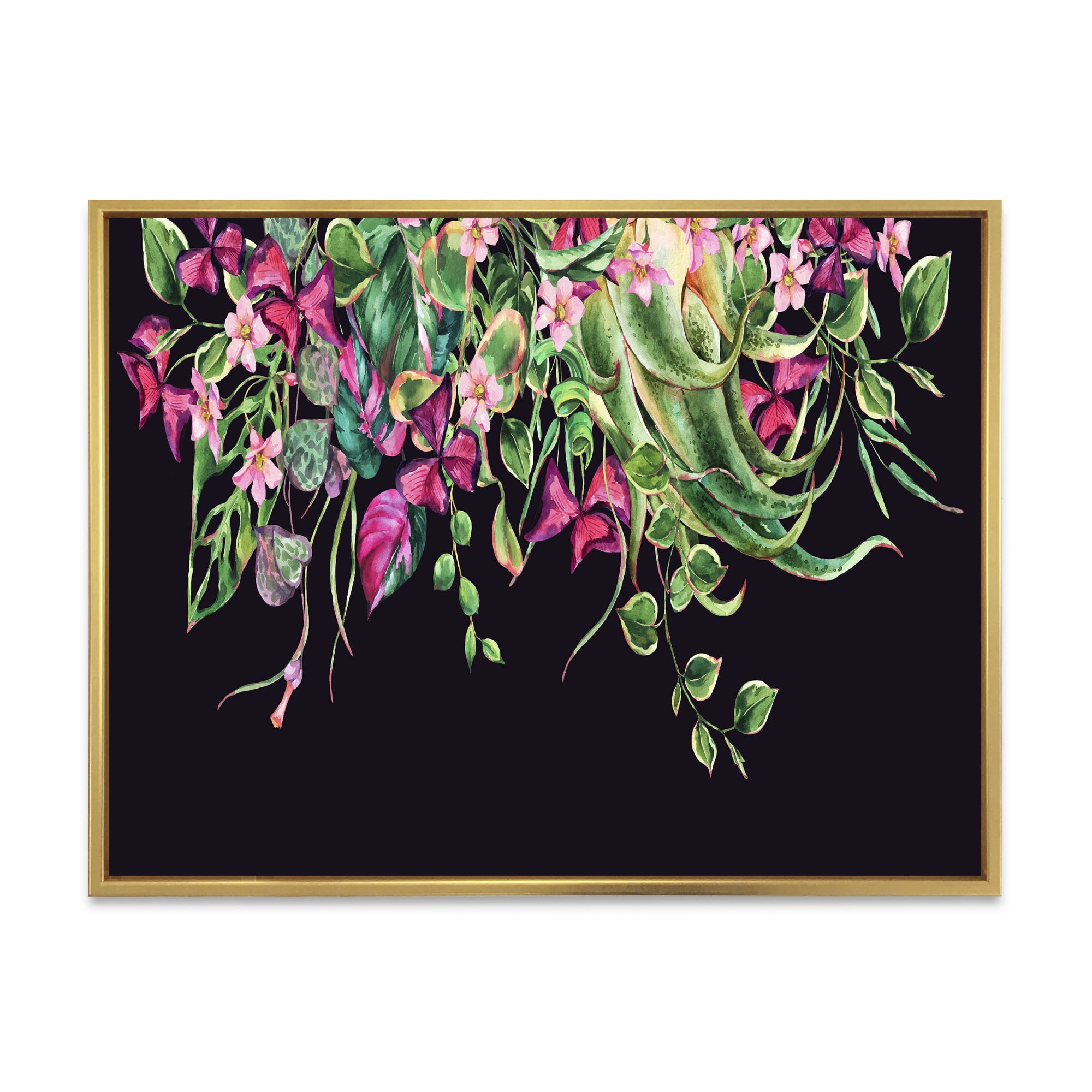 Designart 'Floral Tropical Leaves On Black Background' Farmhouse Framed Canvas Wall Art Print