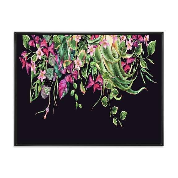 Designart 'Floral Tropical Leaves On Black Background' Farmhouse Framed Canvas Wall Art Print