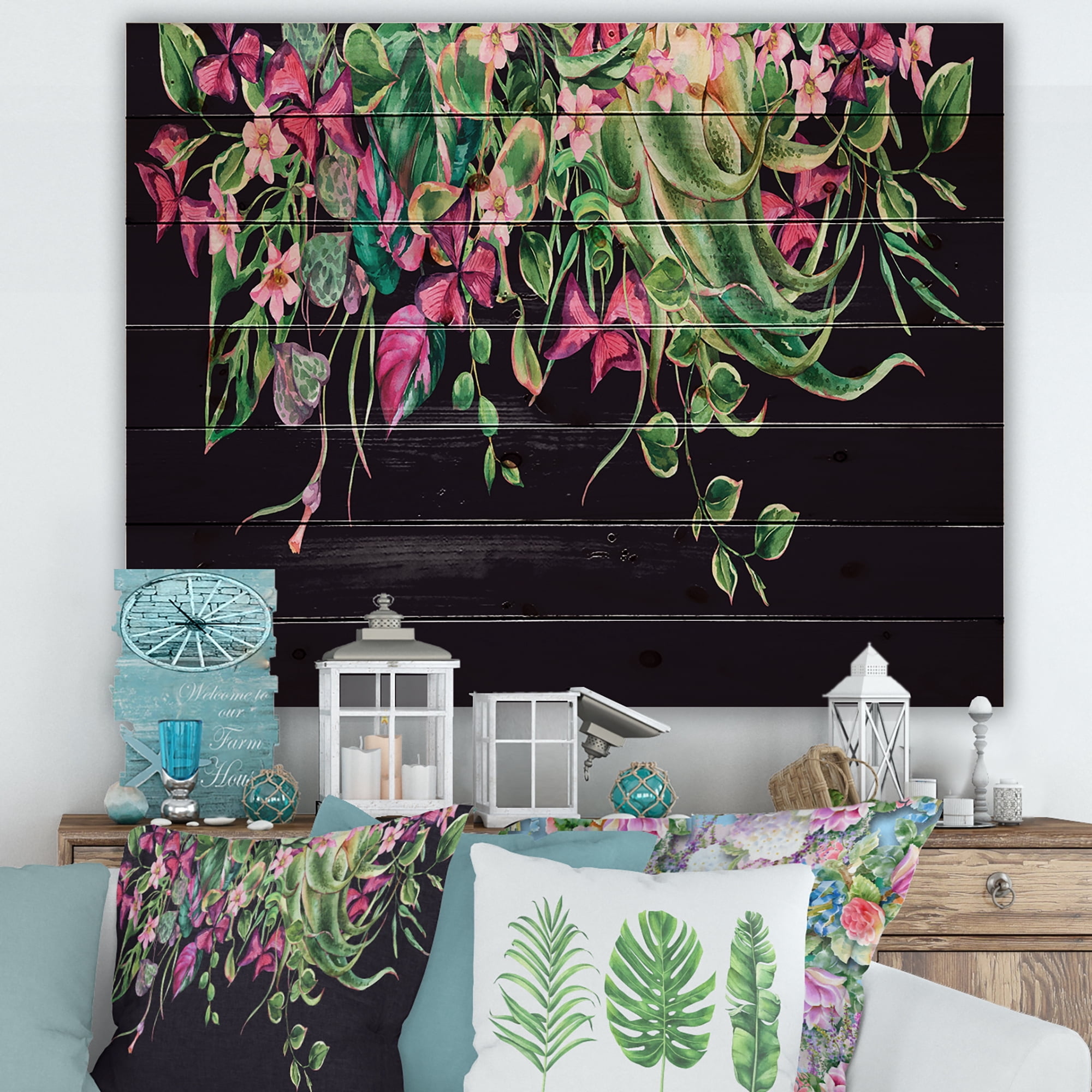 Designart 'Floral Tropical Leaves On Black Background' Farmhouse Print on Natural Pine Wood