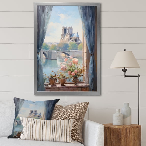 Designart "Floral View of Notre Dame in Paris I" Cityscapes Framed Wall Art - Industrial Blue Paris Hallway Framed Wall Art Decor