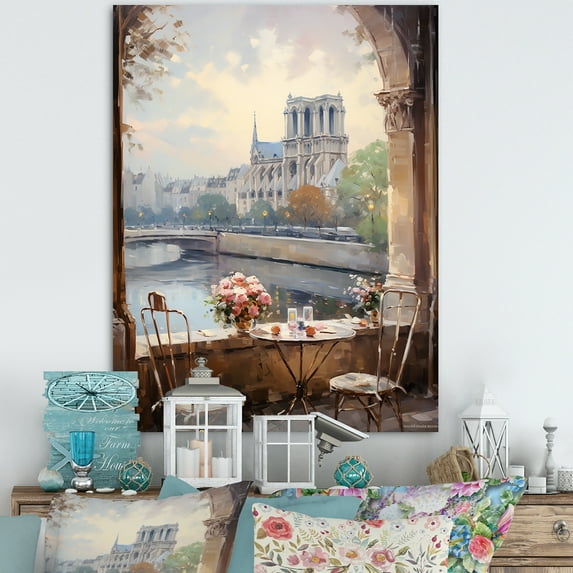 Designart "Floral View of Notre Dame in Paris II" Cityscapes Canvas Wall Art - Industrial Blue Paris Entryway Wall Art Print
