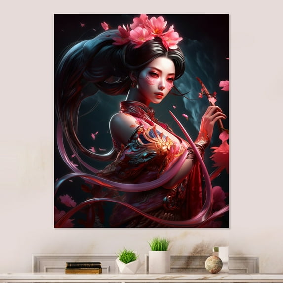 Designart "Floral Warriors Asian Elegance III" Asian Woman Metal Art Living Room