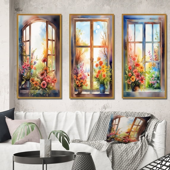 Designart "Floral Window Display Nature s III" Floral Window Framed Wall Art Set Of 3 - Red Window Frame Gallery Wall Set For Home Decor