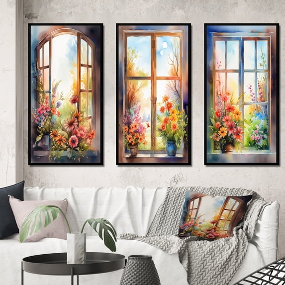 Designart "Floral Window Display Nature s III" Floral Window Framed Wall Art Set Of 3 - Red Window Frame Gallery Wall Set For Home Decor